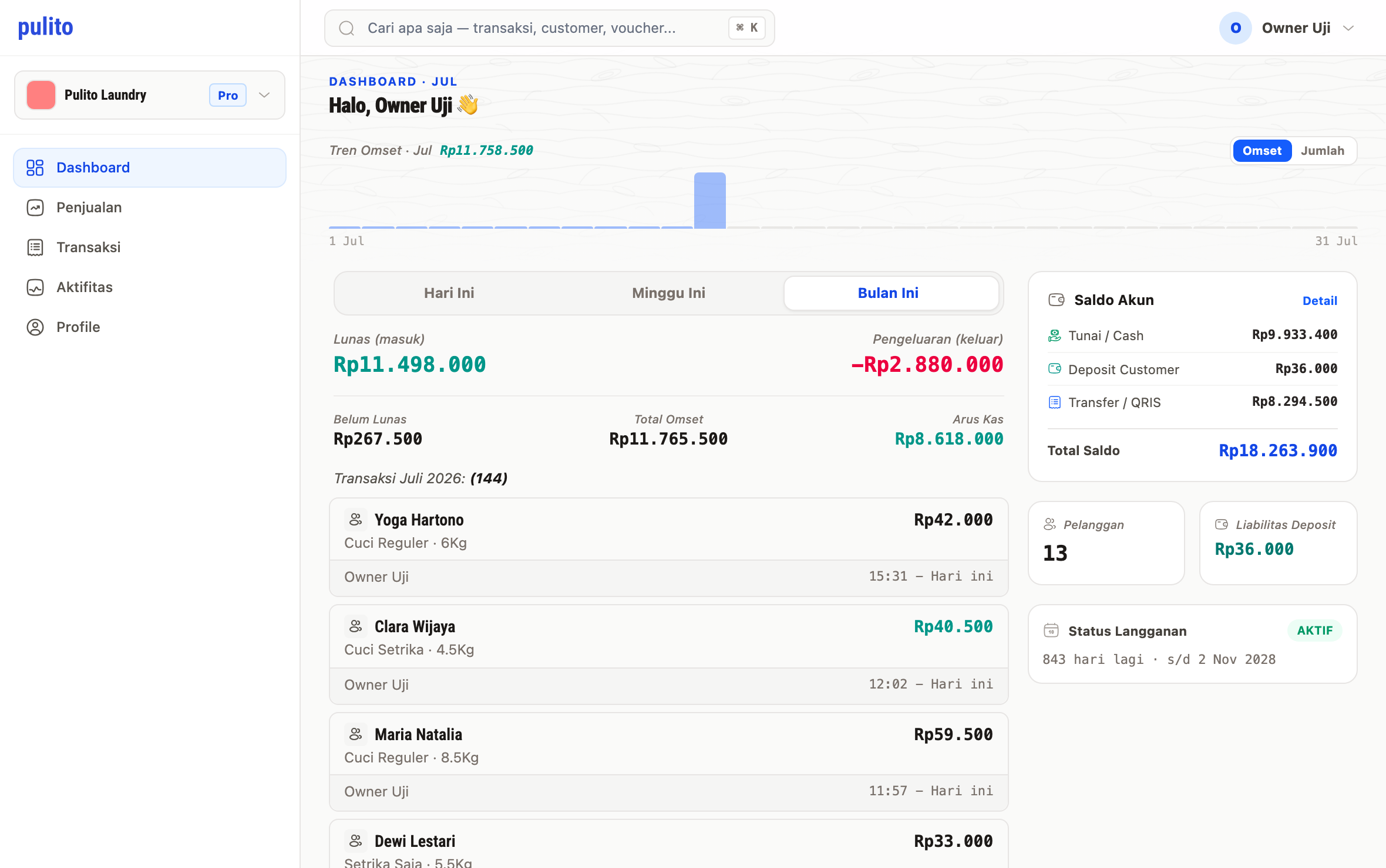 pulito dashboard in the browser: revenue trend, cash flow, and transactions for the current month