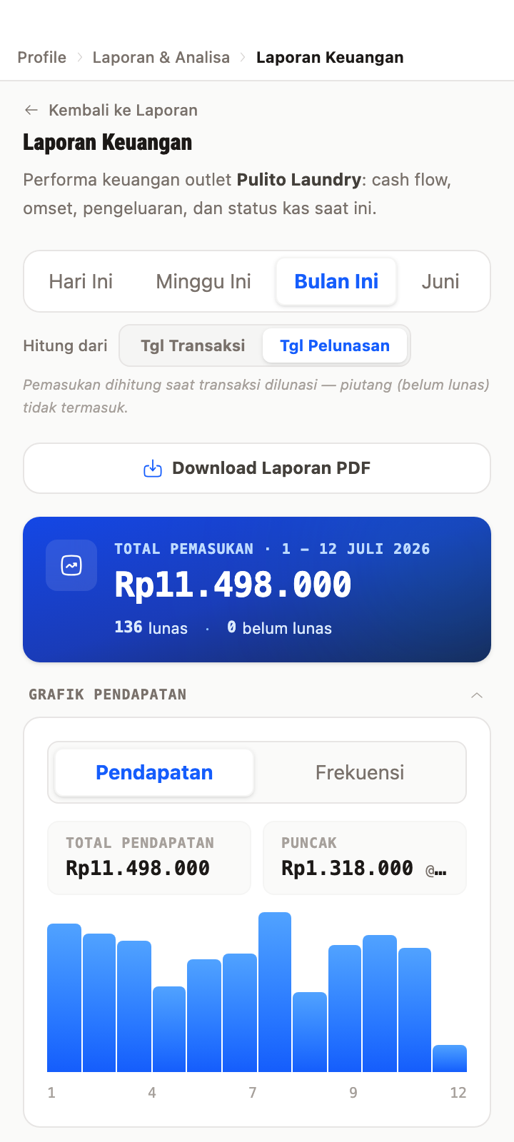 pulito financial report: total income for the current month and a daily revenue chart