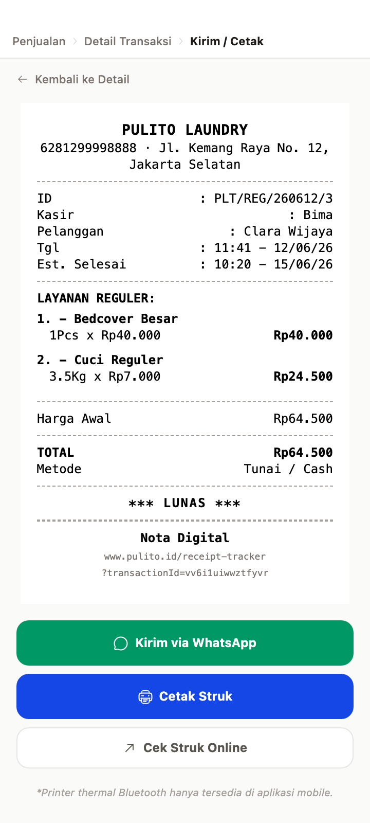 pulito digital receipt complete with order ID and a send-to-WhatsApp button