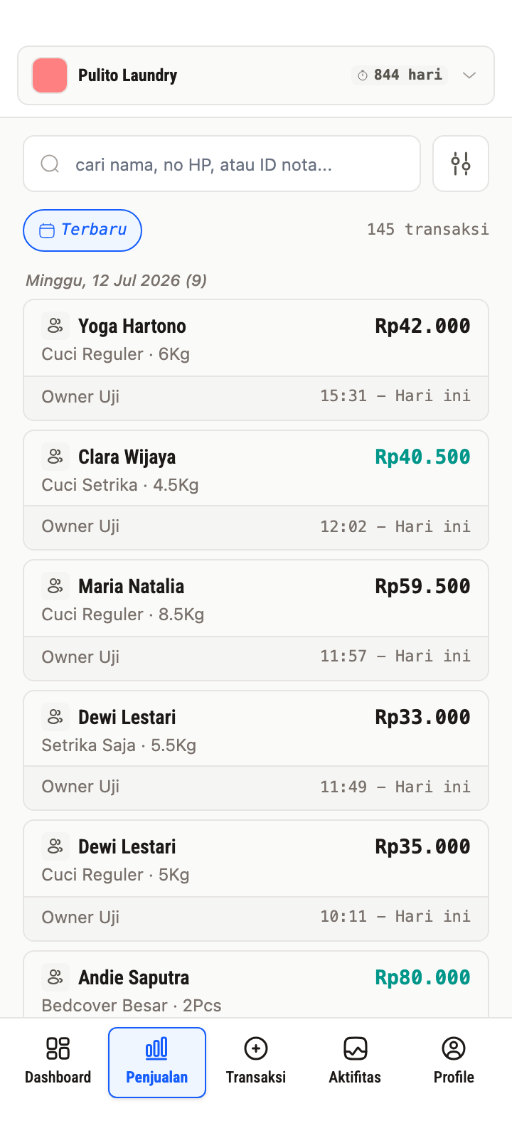 pulito sales list: each order with its calculated price and payment status